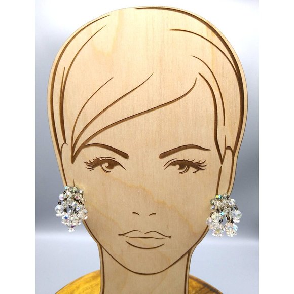 Vintage AB Crystal Beads ChaCha Earrings, Clip Ons with Clear Faceted Aurora - Picture 3 of 5